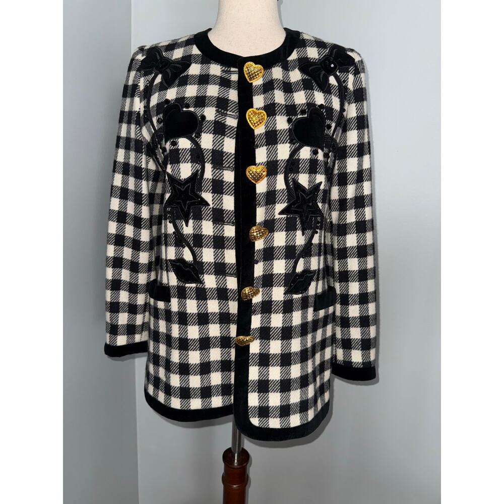 Vintage ESCADA Black & White Gingham Wool Blazer Heart Button Embellished Jacket